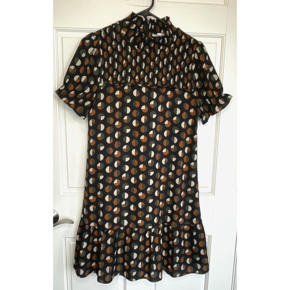 THML Women's Smocked Mini Dress Size S Black Short Sleeve Modern Geo Ruffle Boho - Picture 1 of 11